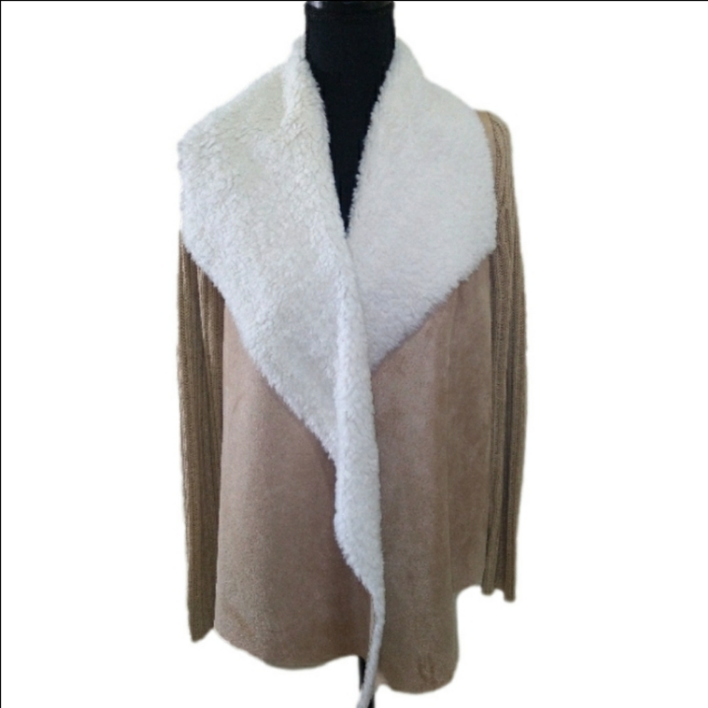 Faded Glory Tan Faux Suede/ Faux Sherpa Collar Lining  Long Sleeve Cardi…